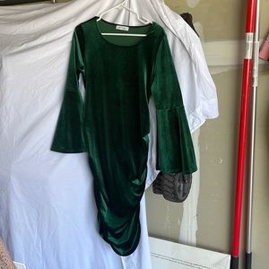 Pinkblush (myBump) green velvet ruched bell sleeve baby shower dress